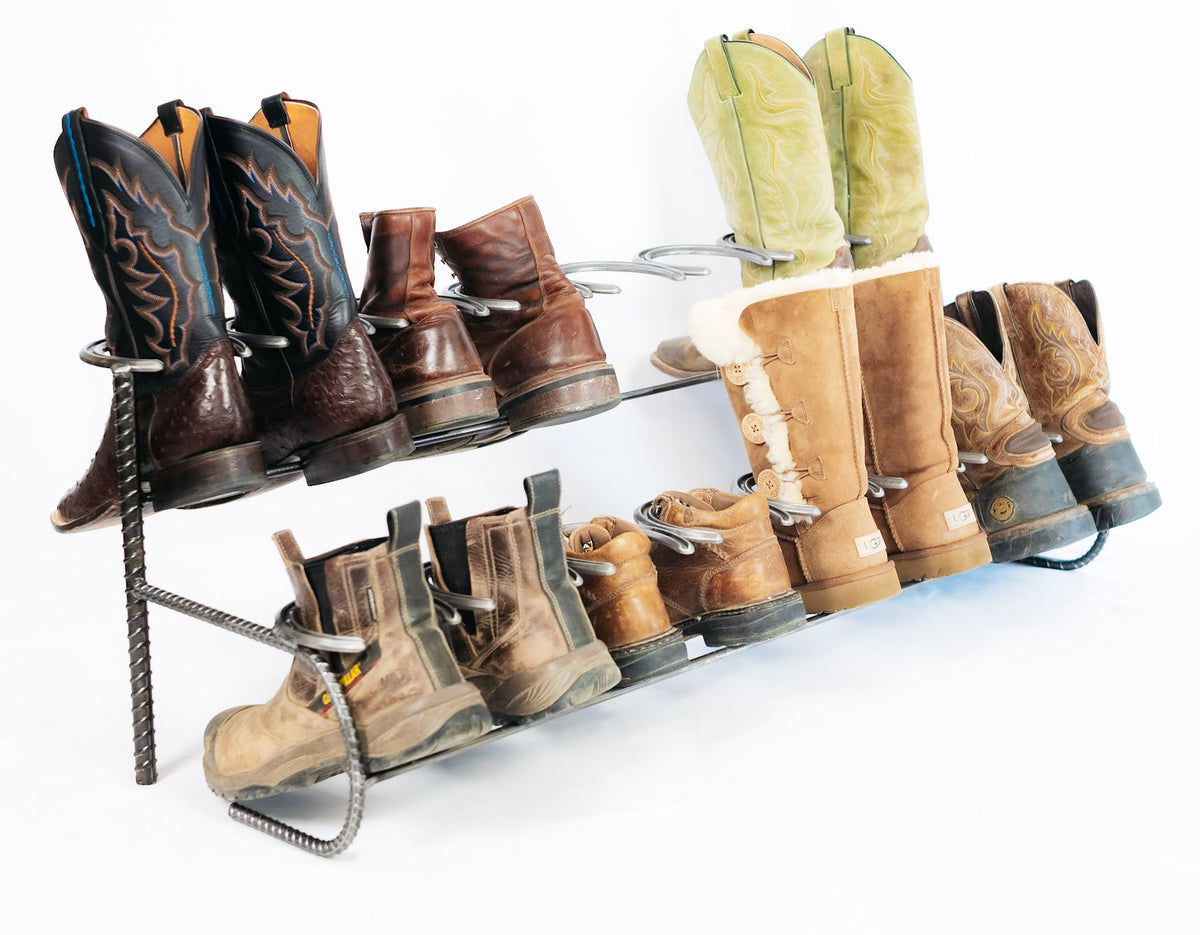 Cowboy Boot Rack Ideas, Tata Harper's rustic homemade shoe storage.  Genius!