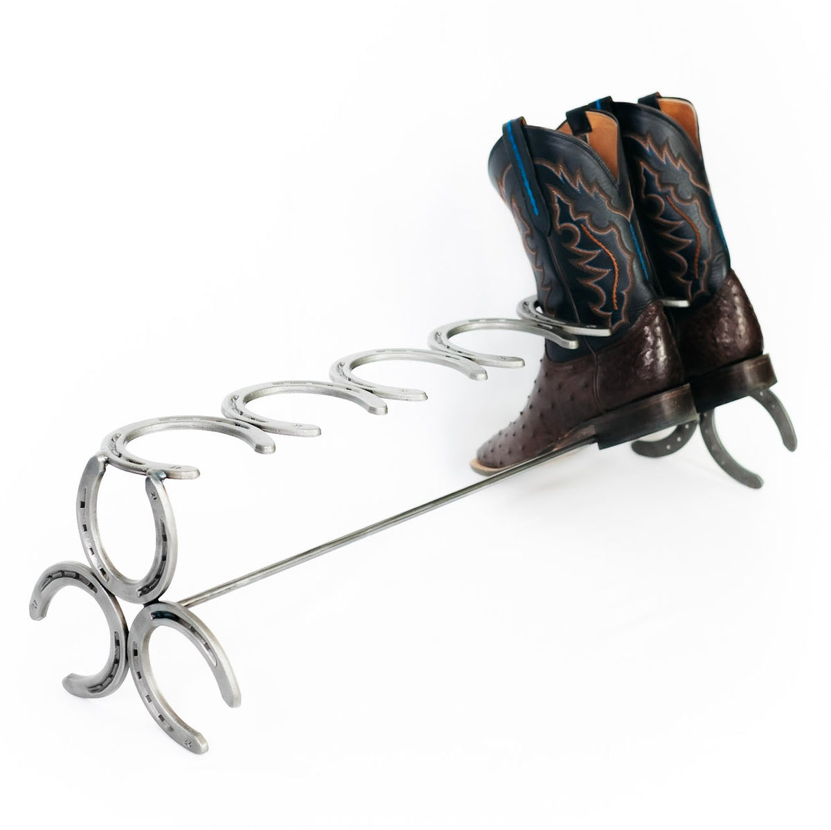 Rustic Standing Horseshoe Boot Rack - 6 Pairs - The Heritage Forge