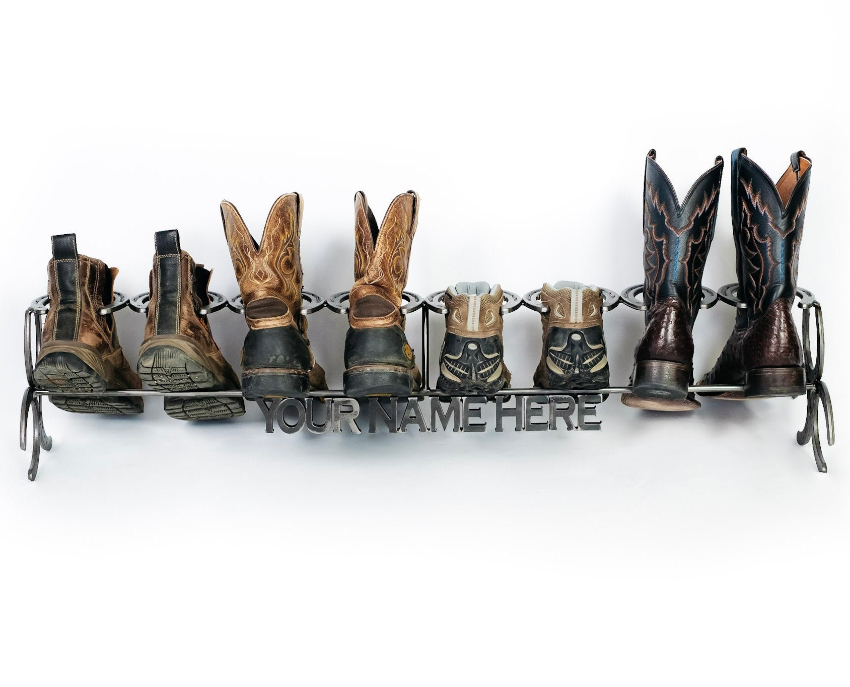 Rustic Standing Horseshoe Boot Rack - 3 Pairs - The Heritage Forge