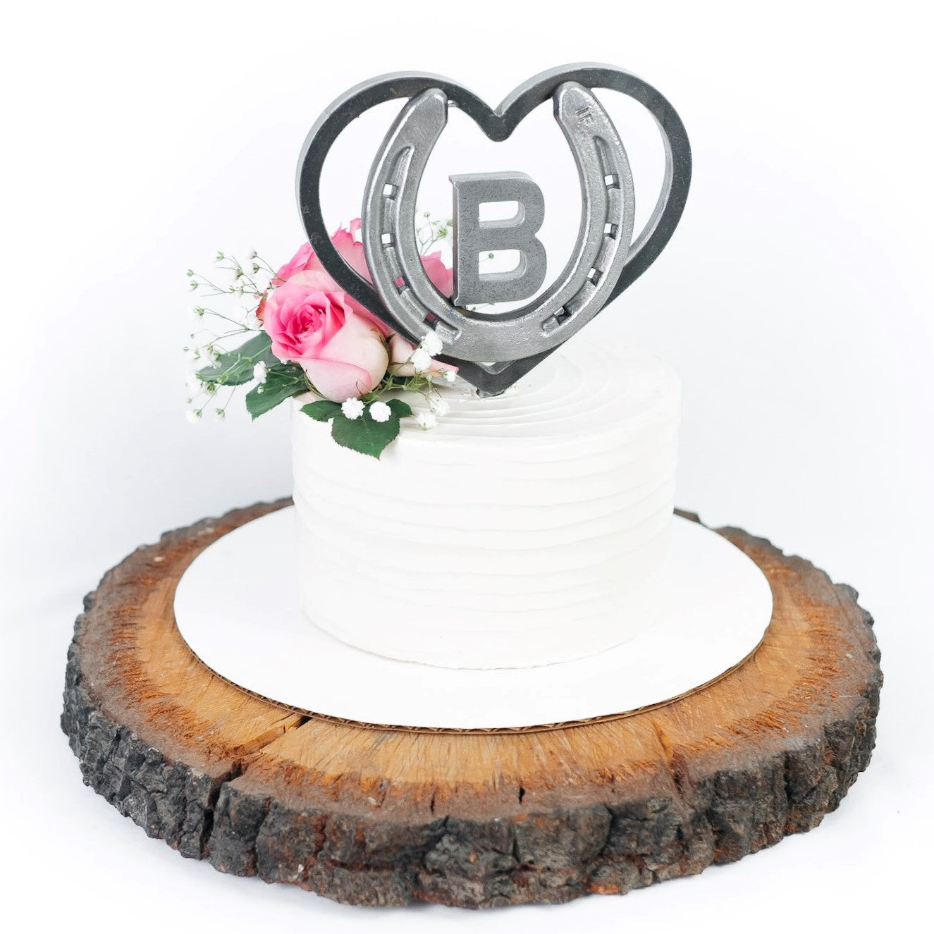 Custom Heart & Horseshoe Cake Topper with Initial - Customizable Rustic Wedding - The Heritage Forge