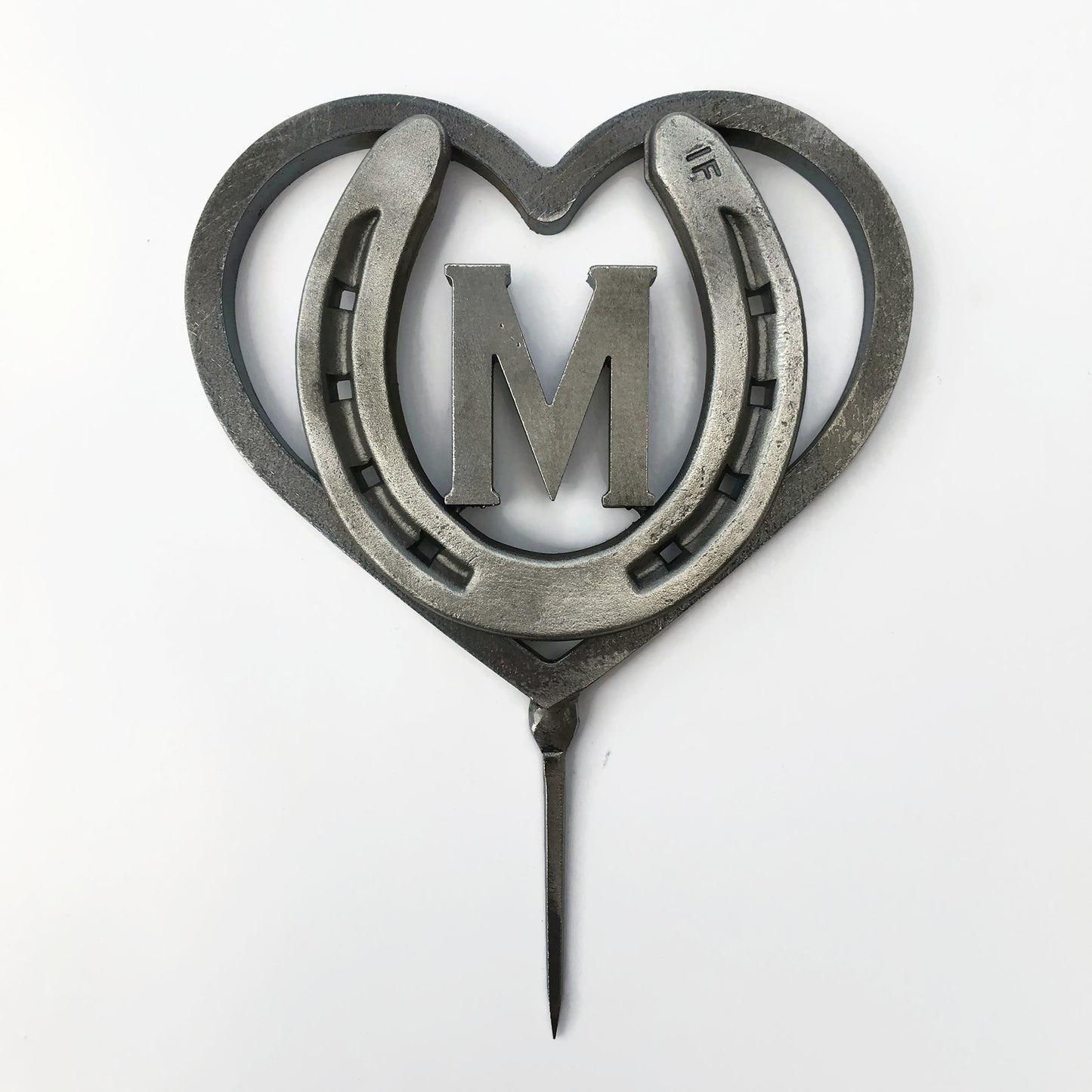 Custom Heart & Horseshoe Cake Topper with Initial - Customizable Rustic Wedding - The Heritage Forge